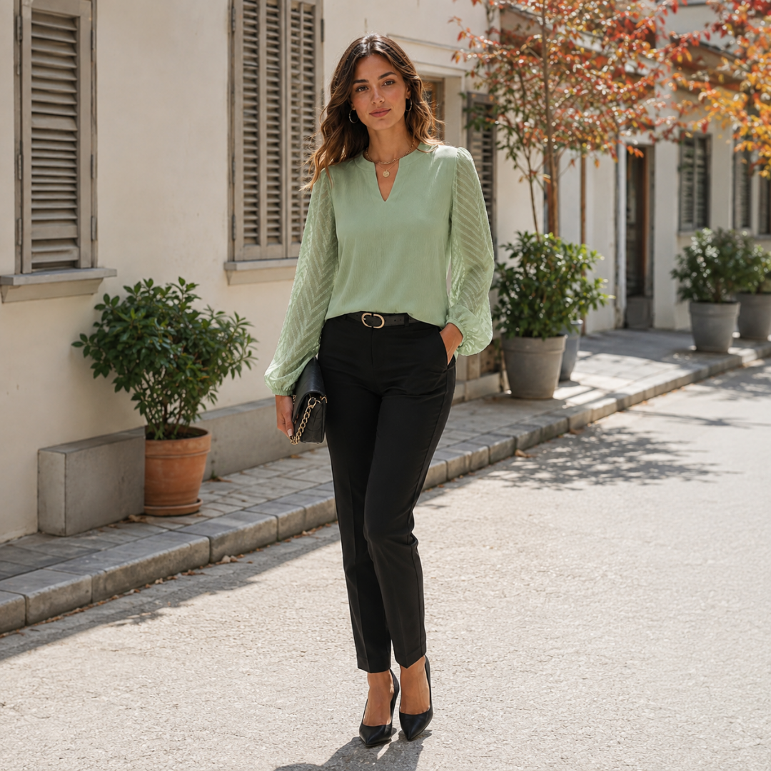 Camicetta verde con pantaloni neri e décolleté, scollo a V aperto