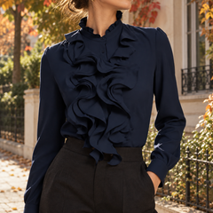 Camicetta donna blu navy con volant sul davanti e bottoni sul collo alto