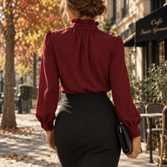 Retro della camicetta donna bordeaux con collo alto arricciato e maniche lunghe