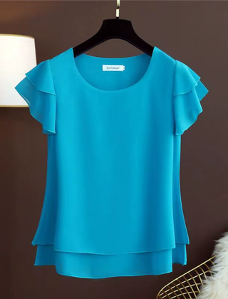 Camicetta donna blu con scollo rotondo e maniche corte a doppio volant