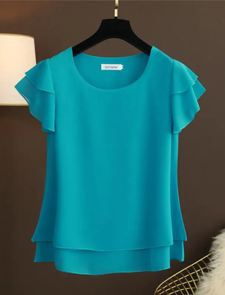 Camicetta donna blu pavone con scollo tondo e maniche a volant stratificati