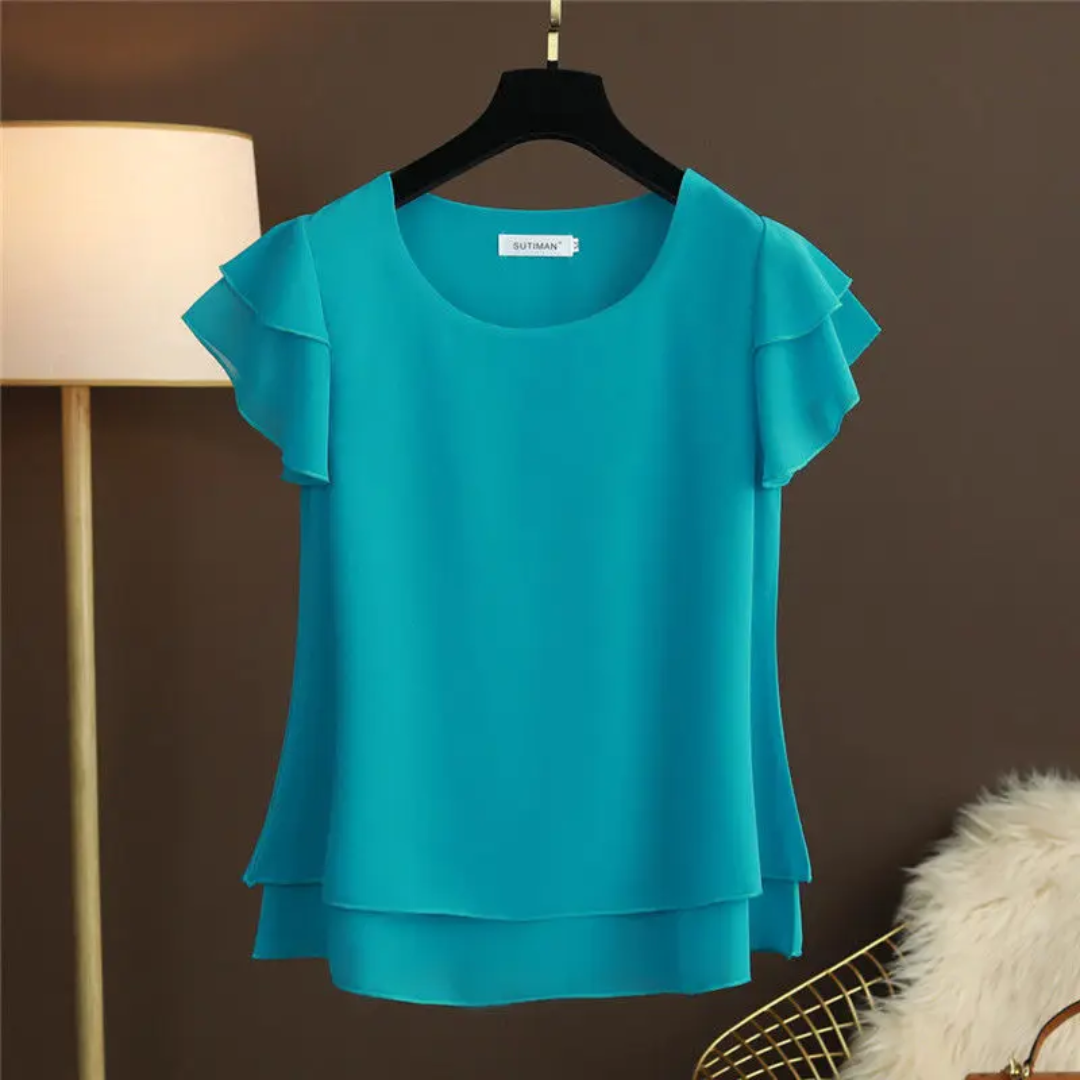 Camicetta donna blu pavone con scollo tondo e maniche a volant stratificati