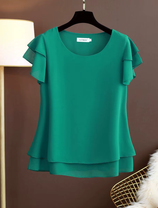 Camicetta donna verde scuro con scollo rotondo e maniche corte a balze