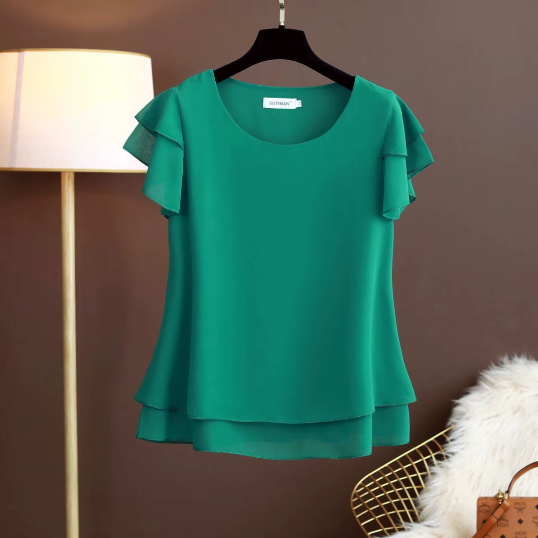 Camicetta donna verde scuro con scollo rotondo e maniche corte a balze
