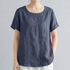 Camicetta donna blu navy dalla linea morbida con maniche corte risvoltate