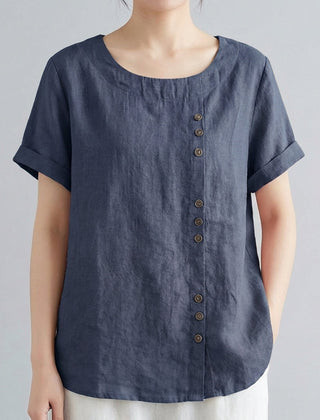Camicetta donna blu navy dalla linea morbida con maniche corte risvoltate