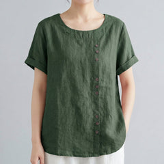 Camicetta donna verde militare con girocollo pulito e bottoni tono legno