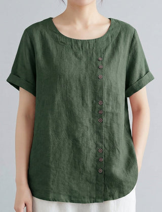 Camicetta donna verde militare con girocollo pulito e bottoni tono legno