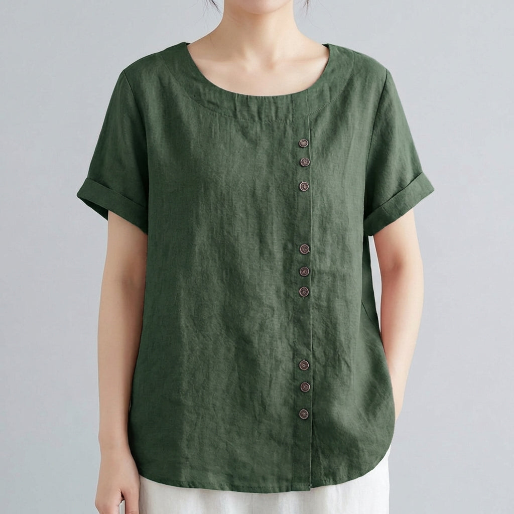 Camicetta donna verde militare con girocollo pulito e bottoni tono legno