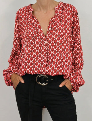 Camicetta donna rossa oversize con micro fiori e maniche lunghe a sbuffo