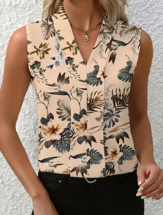 Camicetta beige smanicata con stampa tropicale verde e scollo a V drappeggiato