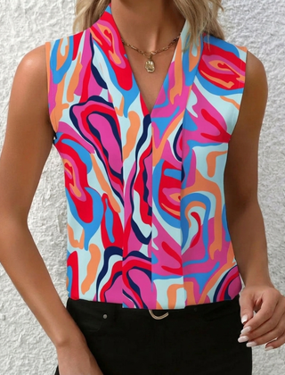 Camicetta multicolore smanicata con fantasia astratta rosa, blu e arancione