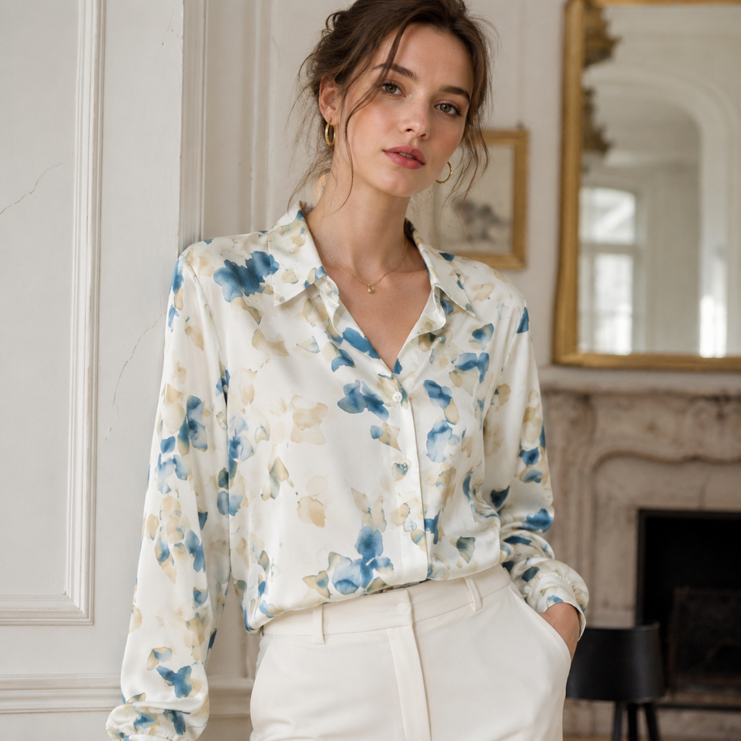 Camicia donna bianca a fiori blu con colletto classico e bottoni frontali