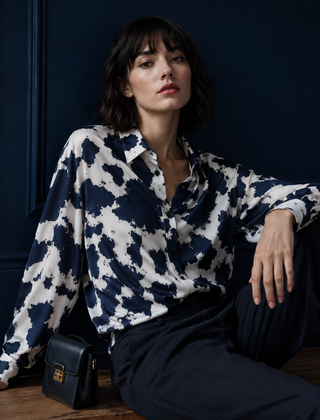 Camicia donna blu e bianca a stampa maculata con colletto e maniche lunghe