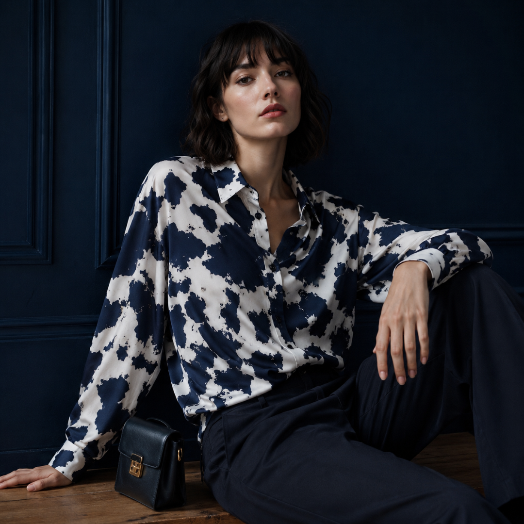 Camicia donna blu e bianca a stampa maculata con colletto e maniche lunghe