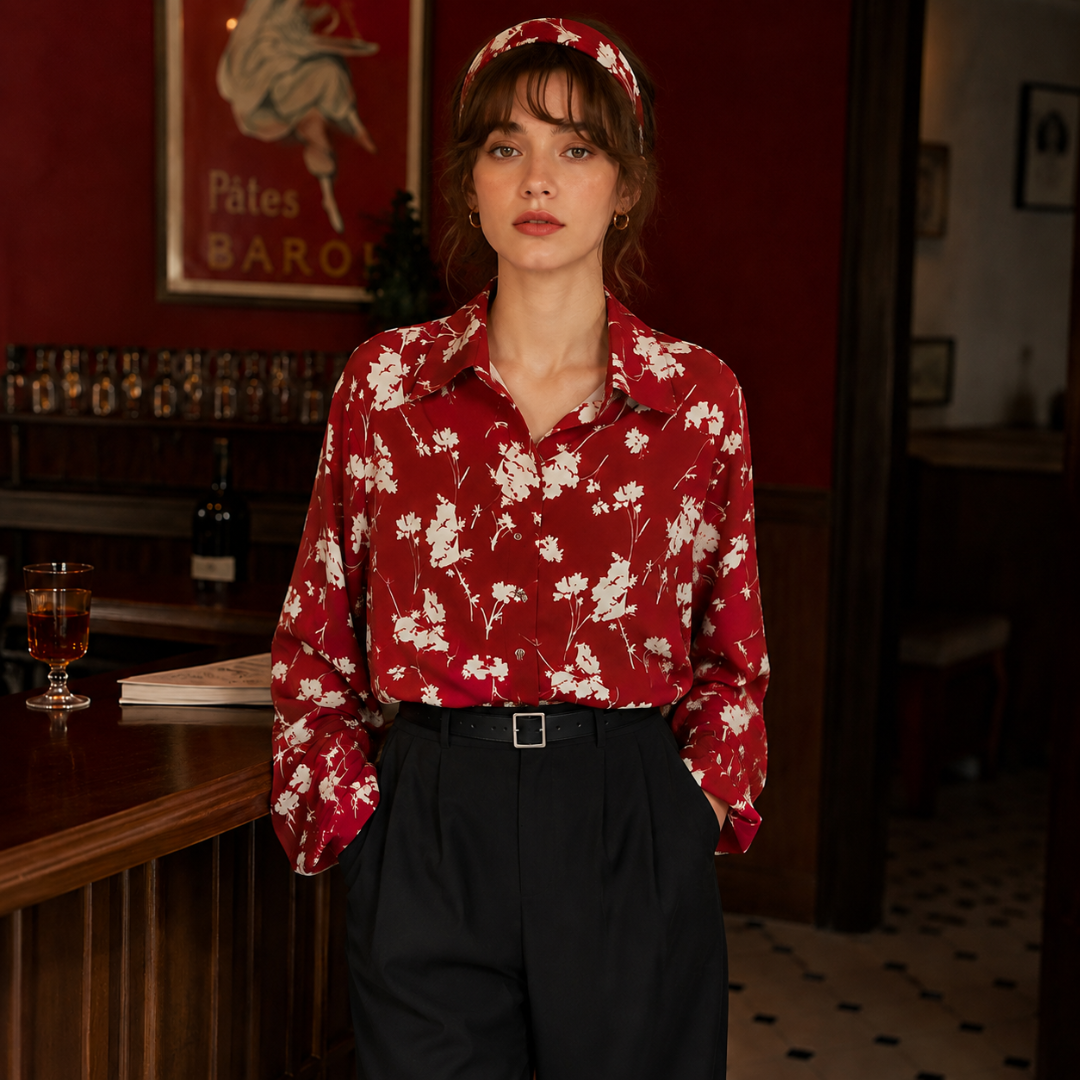 Camicia floreale rossa indossata con pantaloni neri e cintura, colletto aperto