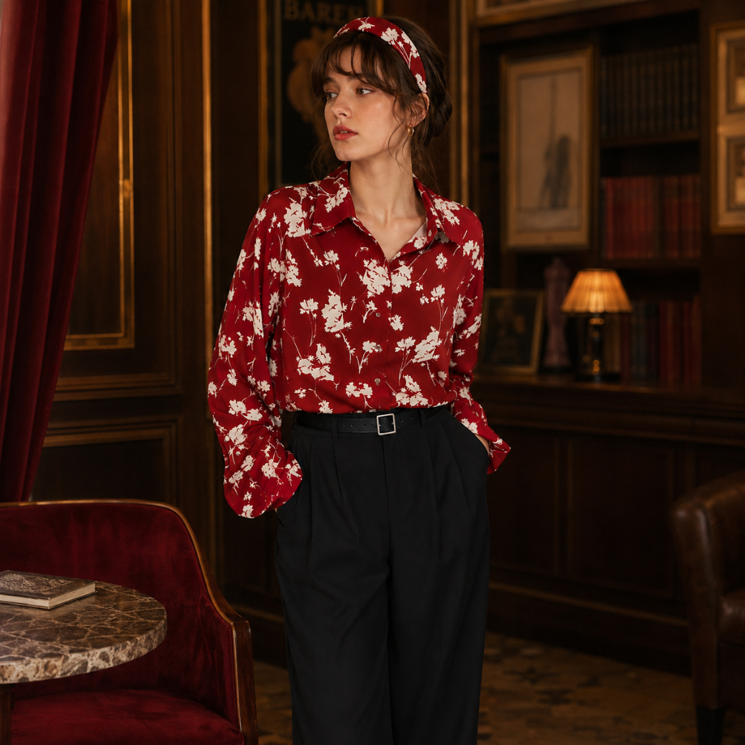 Camicia donna rossa con fiori bianchi, polsini abbottonati e chiusura centrale con bottoni