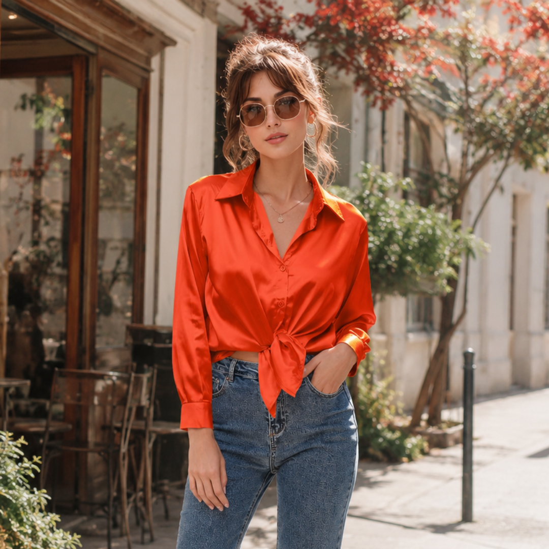 Camicia arancione annodata in vita, colletto a punta e polsini con bottone