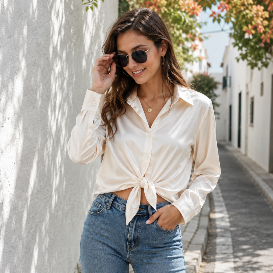 Camicia beige con colletto a punta e nodo in vita, indossata con pantaloni blu