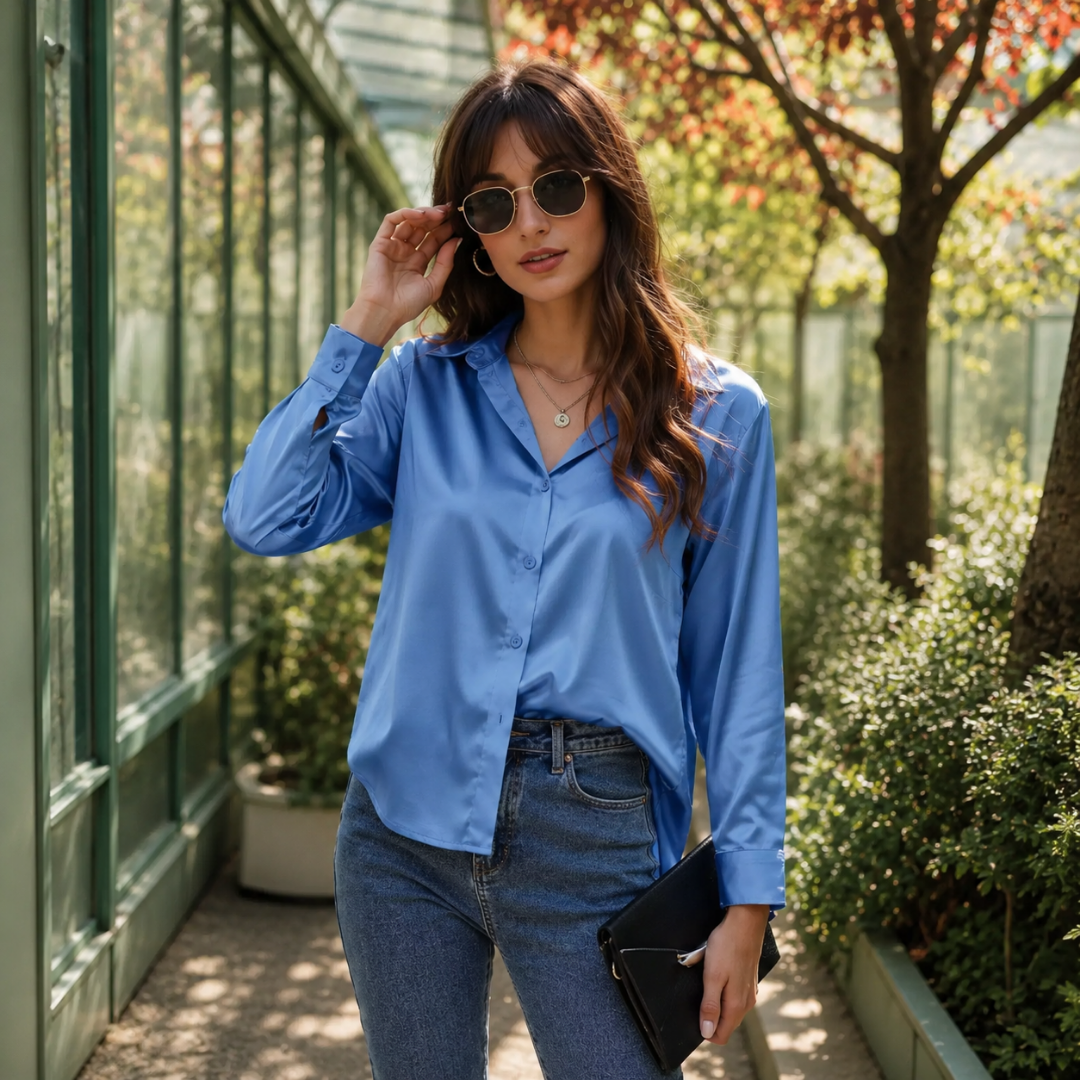 Camicia blu chiaro con chiusura a bottoni e polsini, abbinata a pantaloni grigi