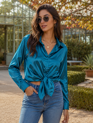 Camicia blu pavone annodata in vita, bottoni sul davanti e pantaloni chiari
