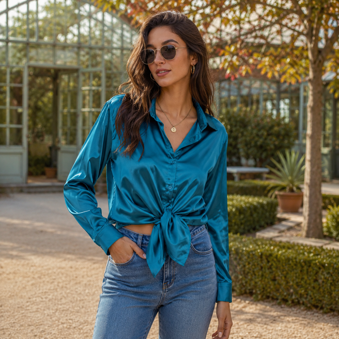 Camicia blu pavone annodata in vita, bottoni sul davanti e pantaloni chiari