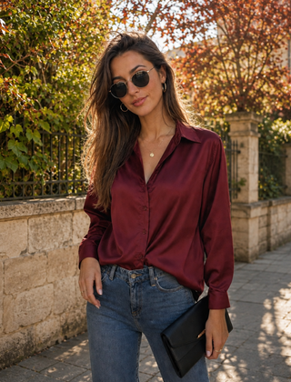 Camicia bordeaux lucida con colletto a punta portata dentro i pantaloni