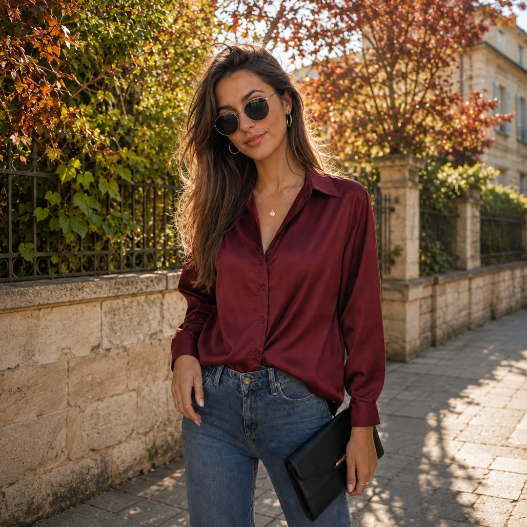 Camicia bordeaux lucida con colletto a punta portata dentro i pantaloni