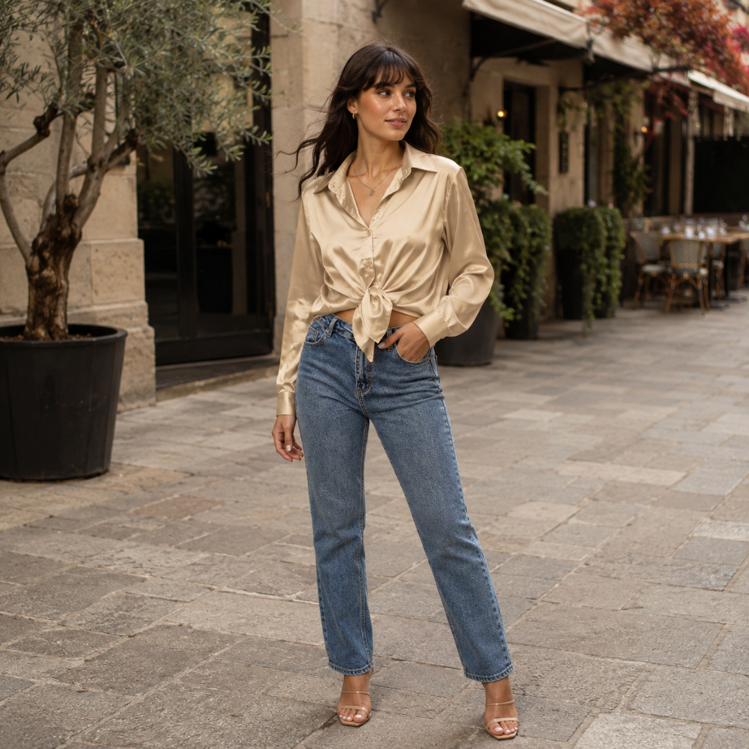 Camicia champagne lucida annodata in vita, look completo con pantaloni dritti e sandali