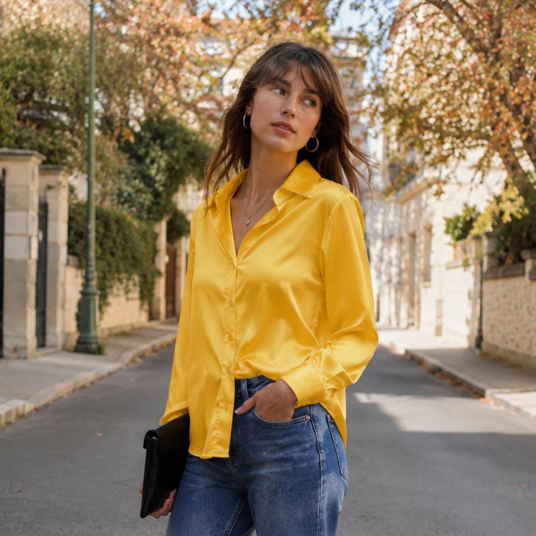 Camicia gialla lucida con colletto aperto e maniche lunghe su pantaloni blu