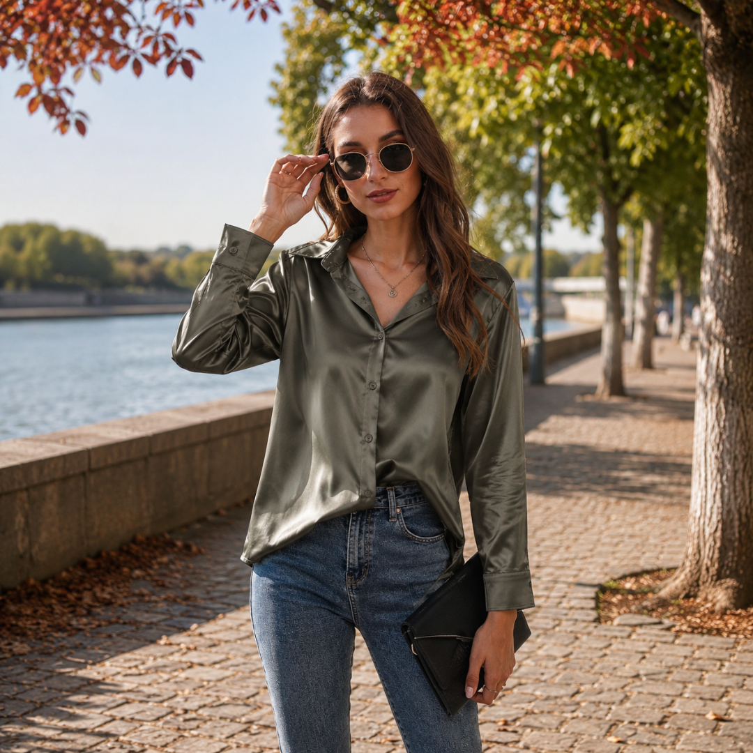 Camicia grigio scuro lucida con chiusura a bottoni, abbinata a pantaloni a vita alta
