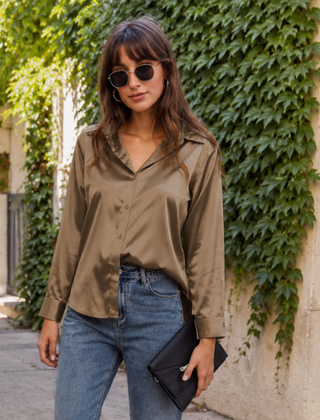 Camicia kaki scuro con bottoni sul davanti e spalle ampie su pantaloni chiari