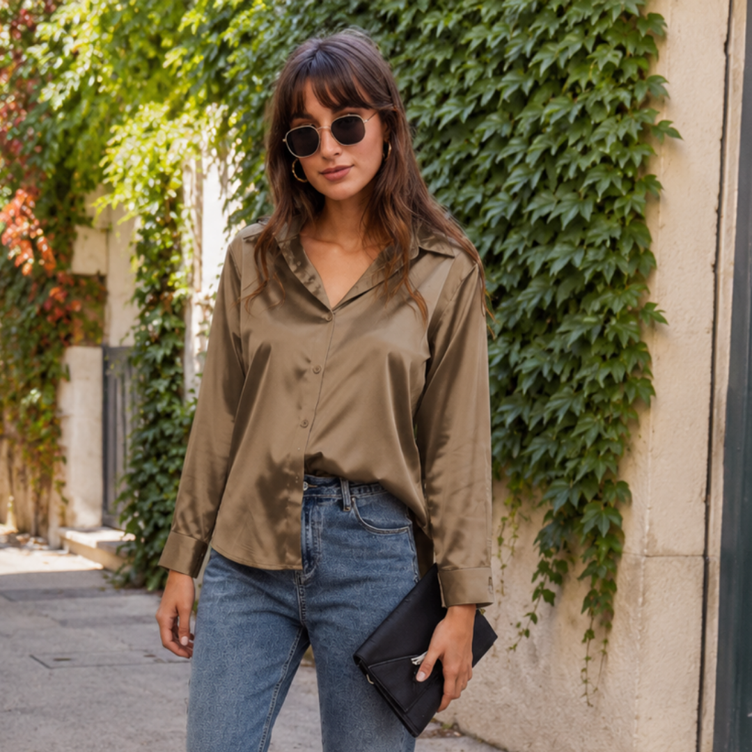 Camicia kaki scuro con bottoni sul davanti e spalle ampie su pantaloni chiari