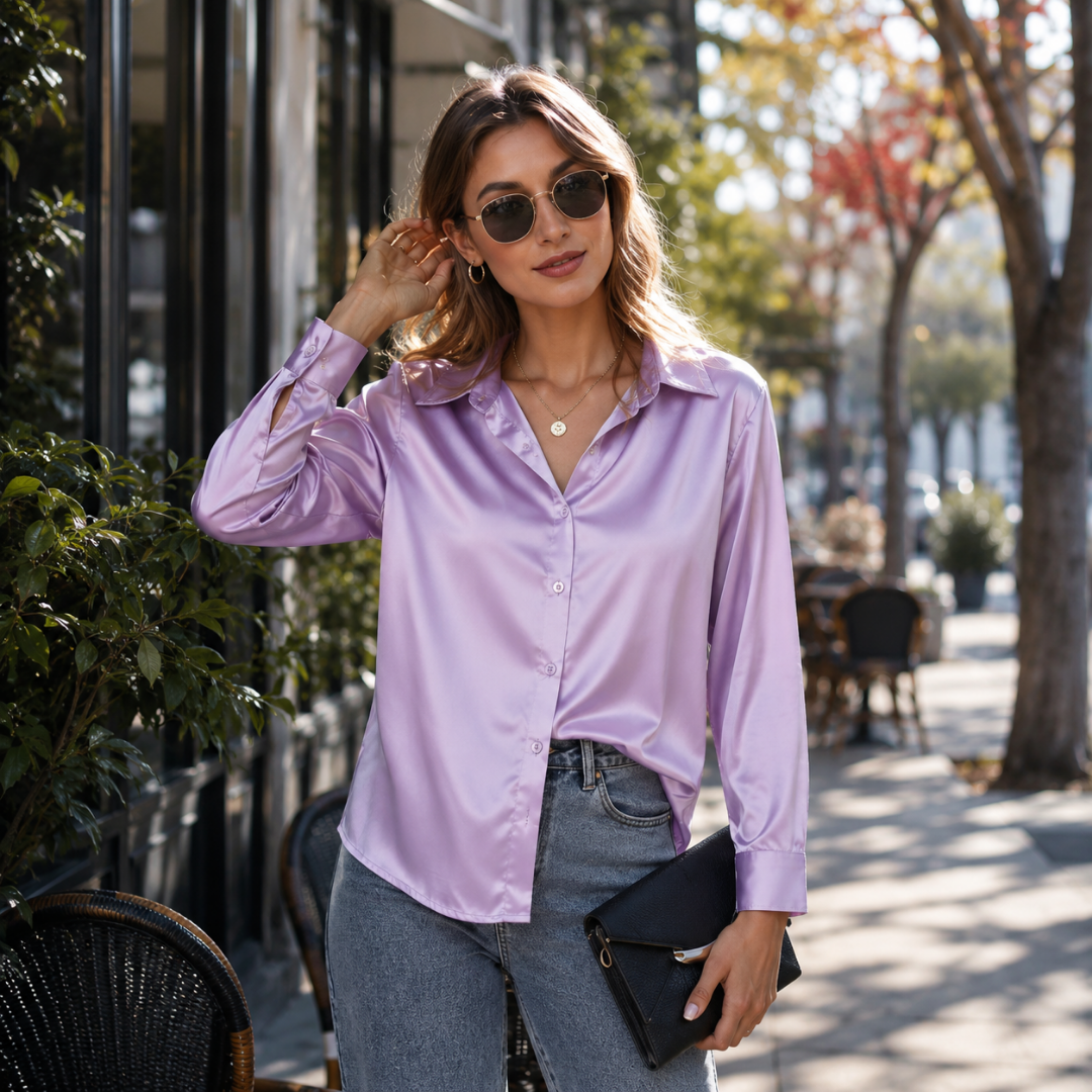 Camicia lilla con bottoni sul davanti e colletto a punta, portata sopra i pantaloni