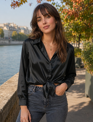 Camicia nera lucida annodata in vita con colletto a punta e maniche lunghe