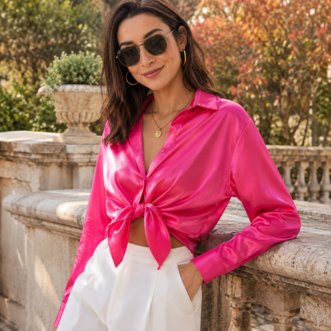 Camicia rosa fucsia intenso annodata in vita con pantaloni bianchi eleganti