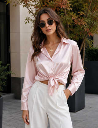 Camicia rosa lucida annodata in vita abbinata a pantaloni bianchi ampi