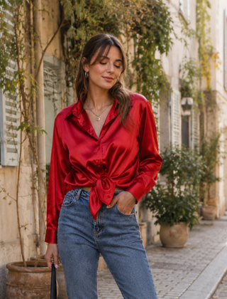 Camicia rossa annodata in vita con maniche lunghe e polsini abbottonati