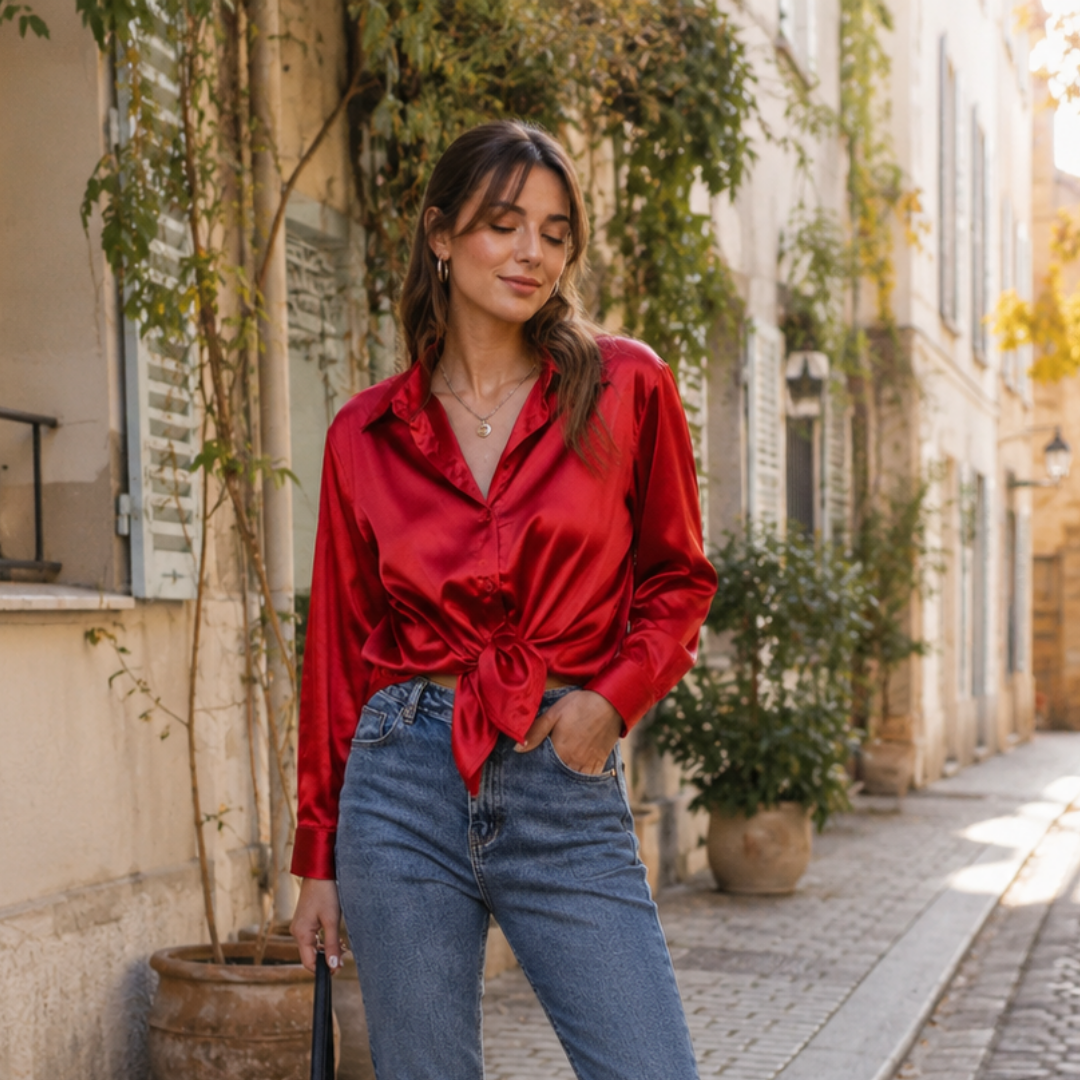 Camicia rossa annodata in vita con maniche lunghe e polsini abbottonati