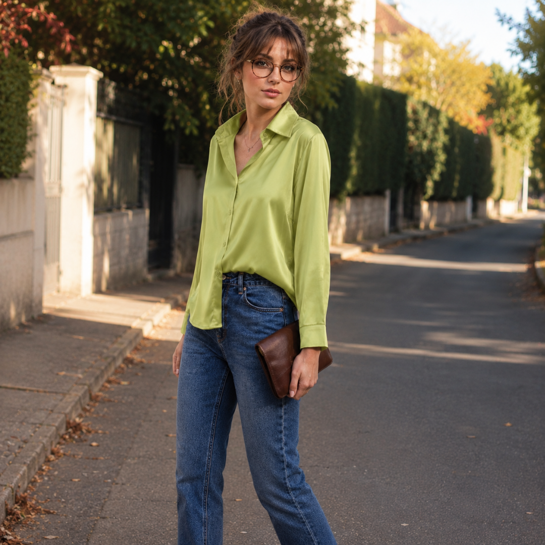 Camicia donna verde lucida con colletto a punta, indossata con pantaloni e pochette marrone