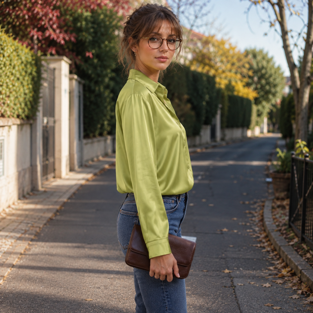 Camicia verde di profilo, maniche lunghe e polsini abbottonati su pantaloni a vita alta