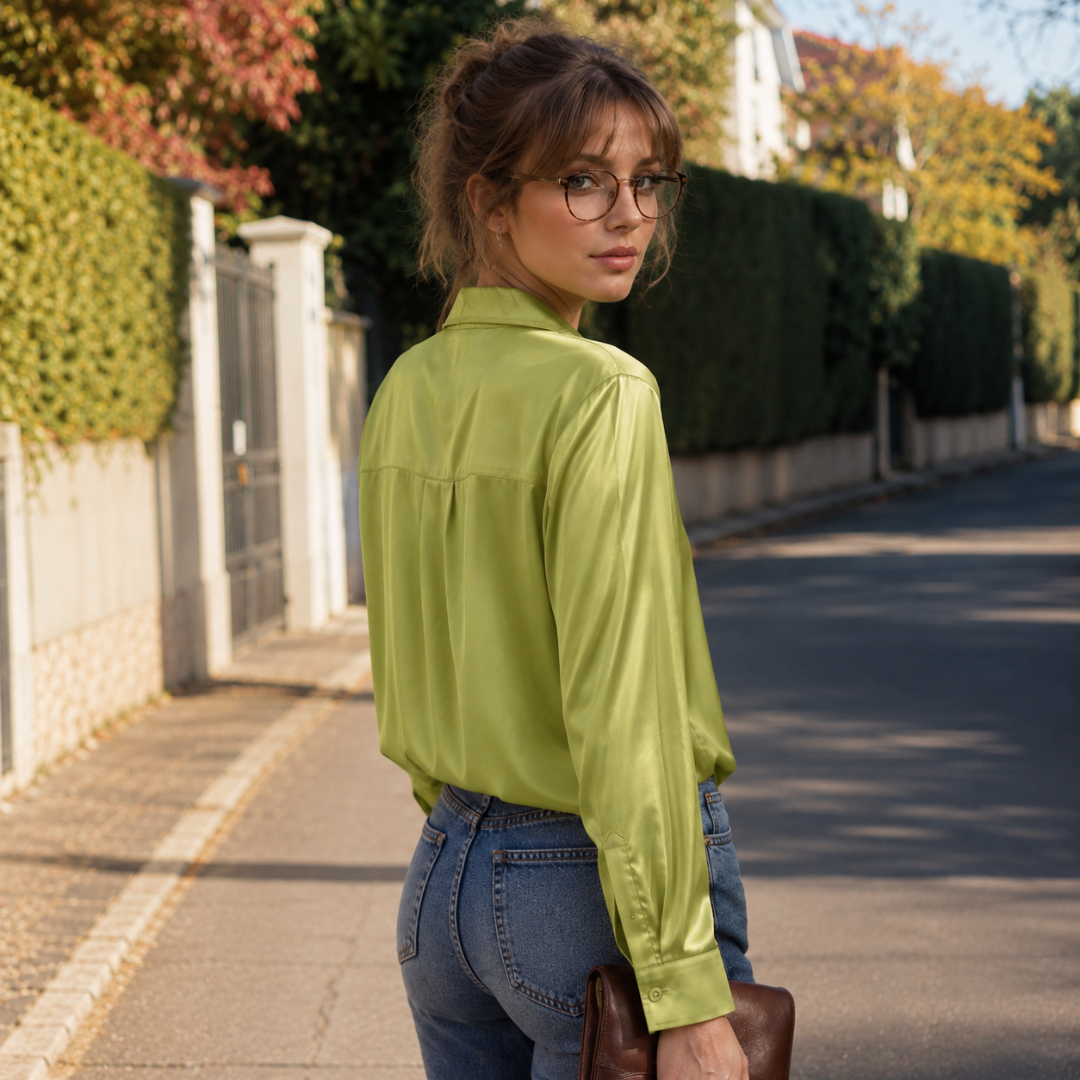 Retro della camicia donna verde, spalle ampie e linea morbida sulla schiena