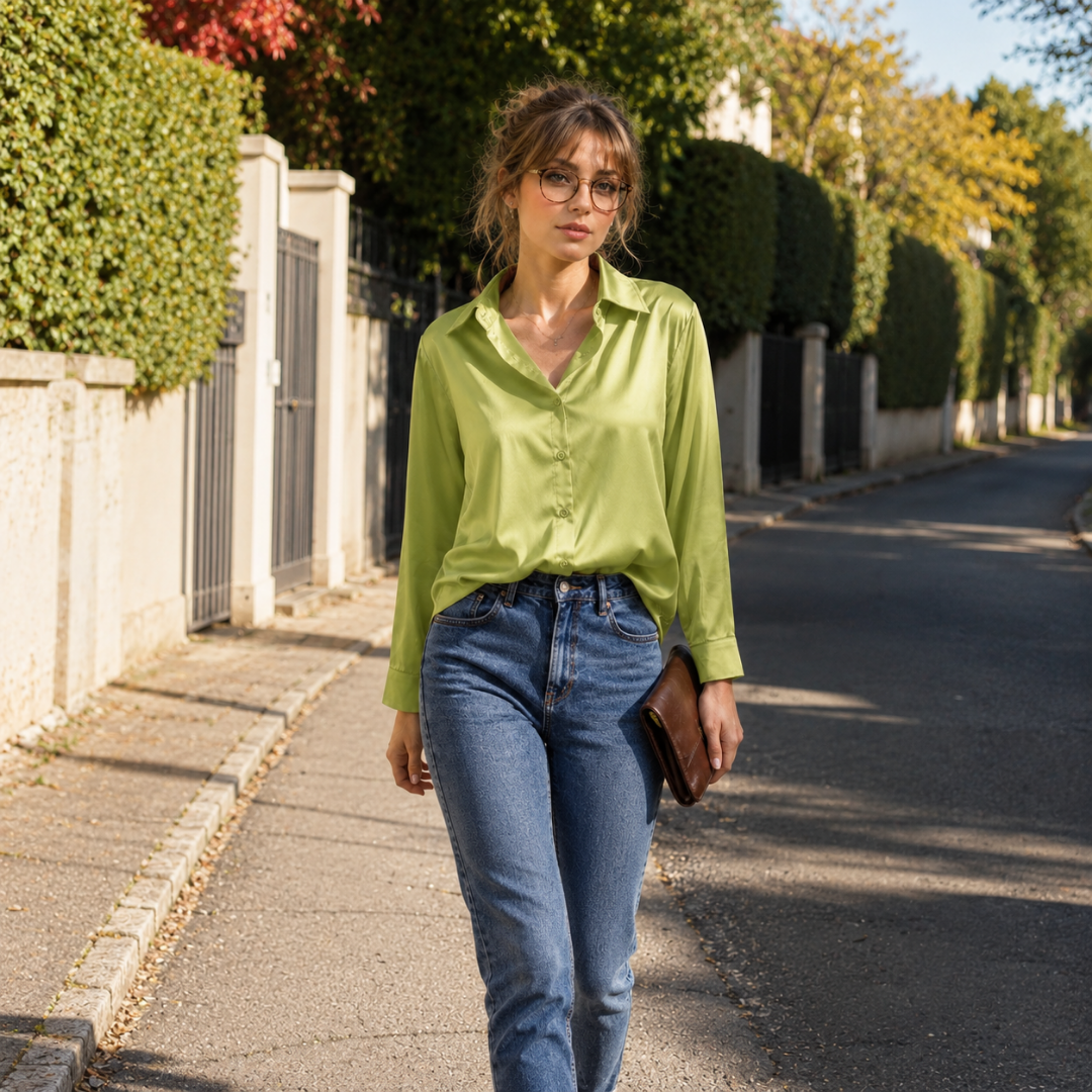 Camicia verde con bottoni sul davanti e colletto aperto, abbinata a pantaloni dritti