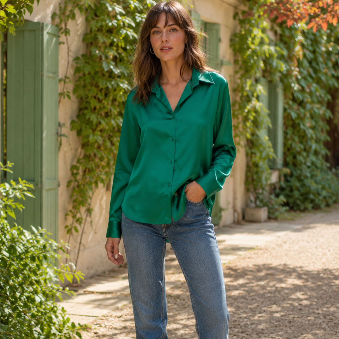 Camicia verde smeraldo con bottoni frontali e orlo arrotondato sopra i pantaloni