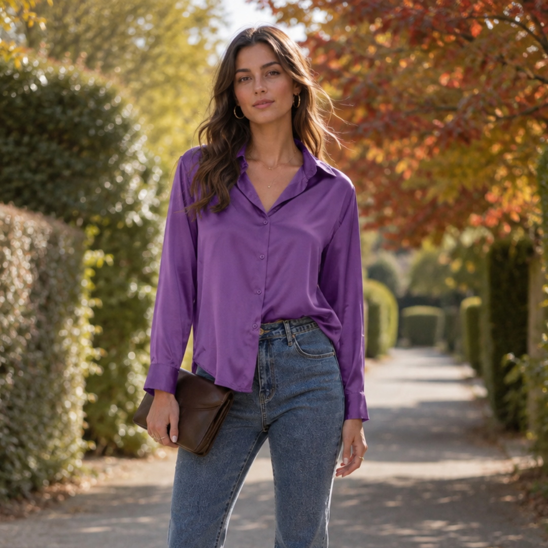Camicia viola lucida con colletto aperto, indossata con pantaloni e pochette marrone