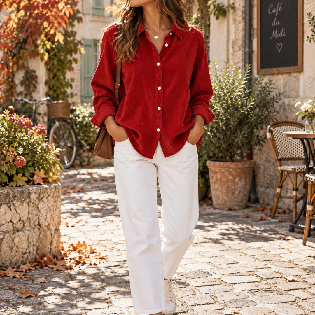 Camicia donna bordeaux in velluto a coste con bottoni bianchi e colletto classico