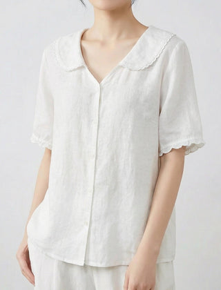 Camicia donna bianca leggera con colletto arrotondato e piccoli bottoni frontali