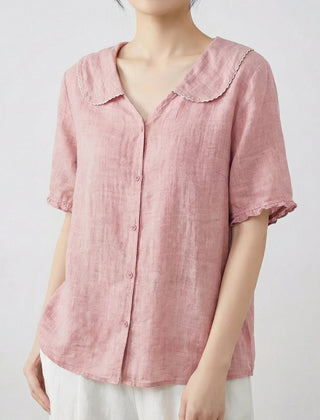 Camicia donna rosa antico con colletto smerlato e maniche corte arricciate