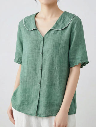 Camicia donna verde a manica corta con colletto arrotondato e bordo smerlato bianco