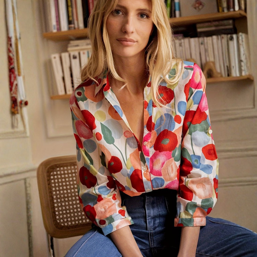 Camicia donna multicolore a stampa floreale con colletto aperto e bottoni chiari